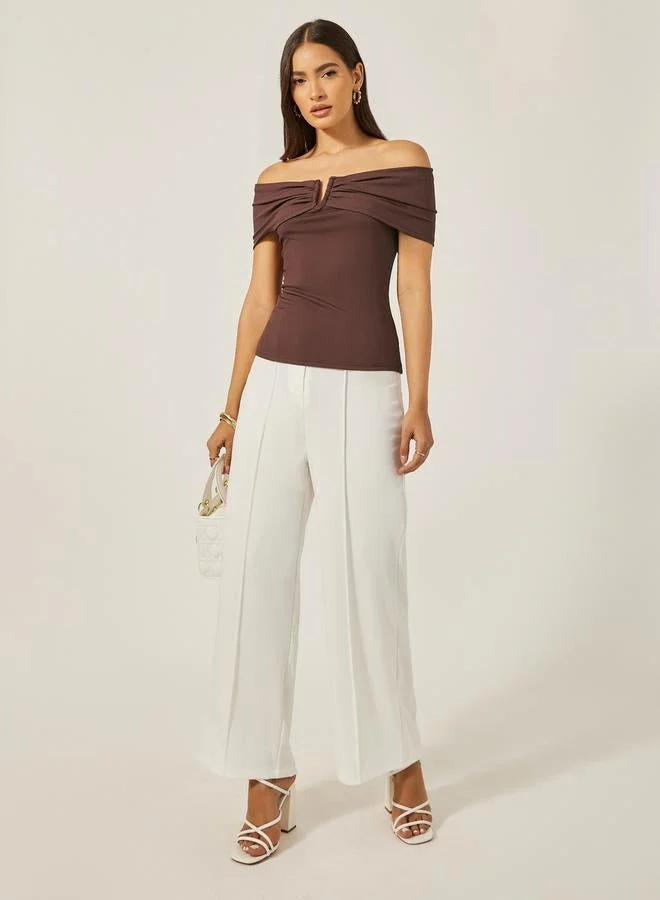 Styli Off Shoulder Rib Knit Fitted Top